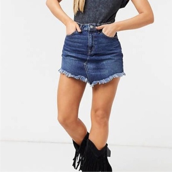 NWT Free People Bailey Fringe Denim Mini Skirt Mountain Blue sz 27 - Picture 2 of 3